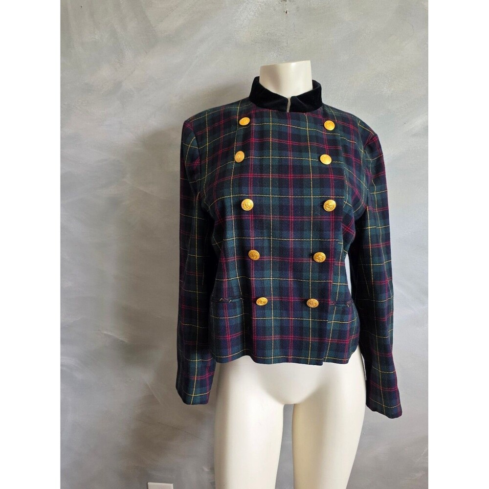 Vintage Tartan Plaid Wool Green Multi Cropped Jacket Blazer Sz 8P USA Womens